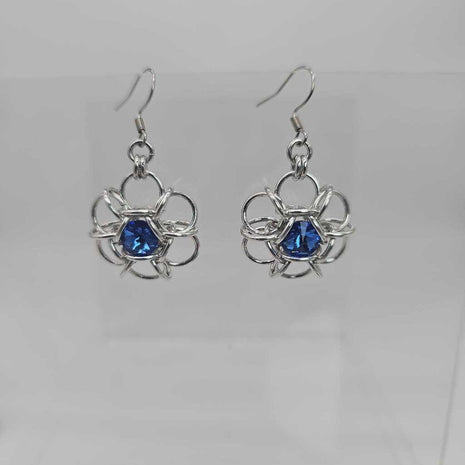 Silver and Sapphire Blue Crystal Flower Earrings, Surgical Steel Ear Wires