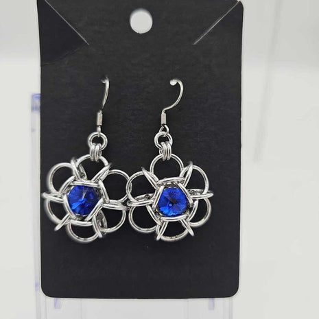 Silver and Dark Sapphire Blue Crystal Flower Earrings, Surgical Steel Ear Wires