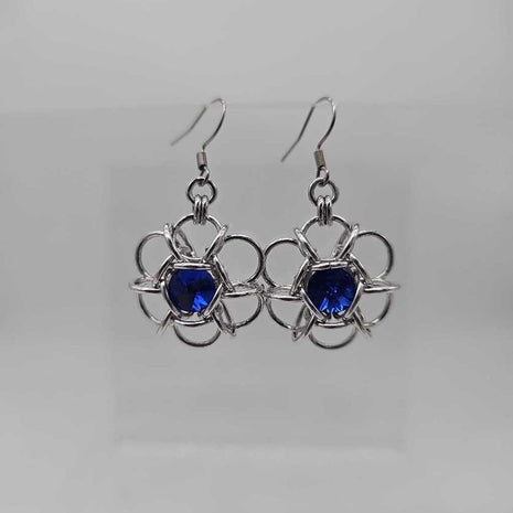 Silver and Dark Sapphire Blue Crystal Flower Earrings, Surgical Steel Ear Wires