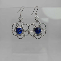 Silver and Dark Sapphire Blue Crystal Flower Earrings, Surgical Steel Ear Wires - view 2
