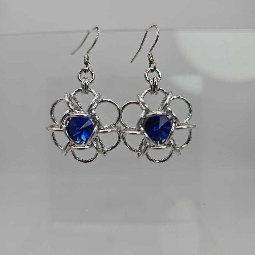 Silver and Dark Sapphire Blue Crystal Flower Earrings, Surgical Steel Ear Wires