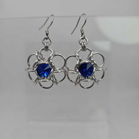 Silver and Dark Sapphire Blue Crystal Flower Earrings, Surgical Steel Ear Wires