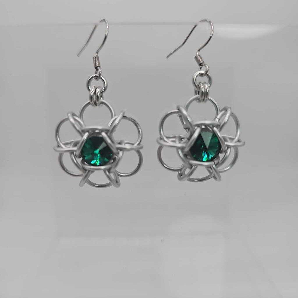 Silver and Emerald Green Crystal Flower Earrings, Surgical Steel Ear Wires