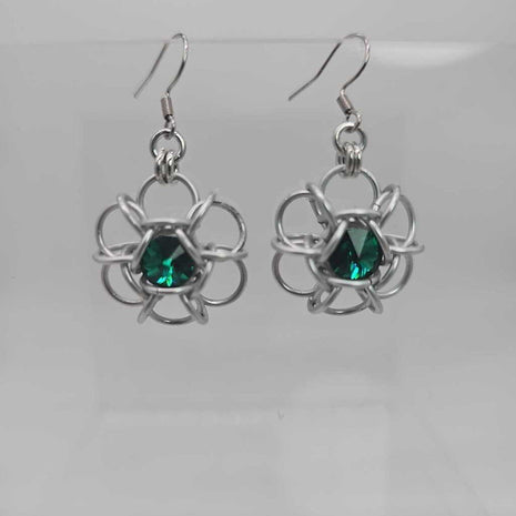 Silver and Emerald Green Crystal Flower Earrings, Surgical Steel Ear Wires