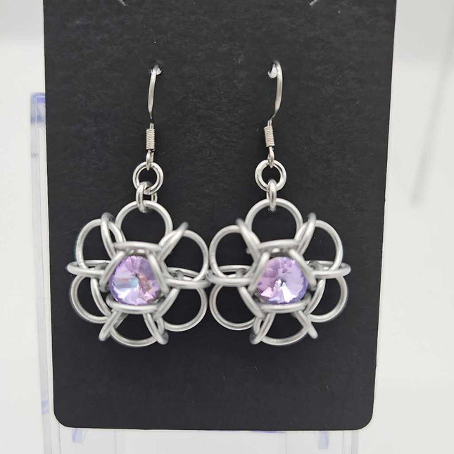 Silver and Light Purple Crystal Flower Earrings, Surgical Steel Ear Wires