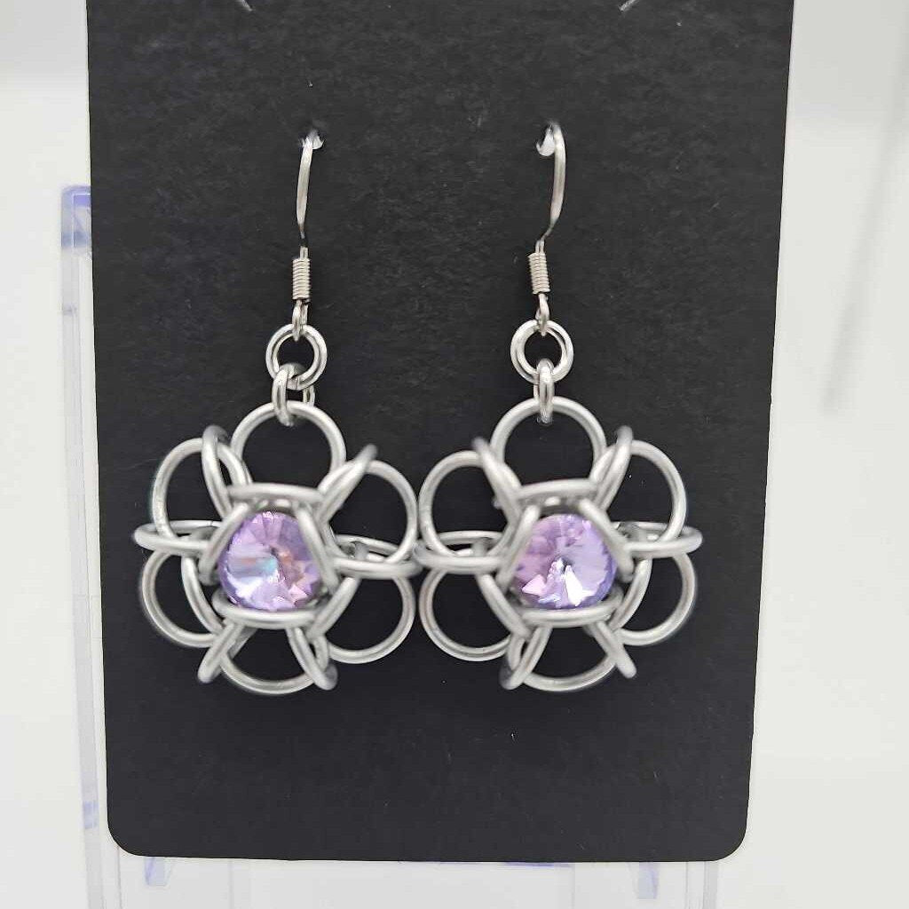 Silver and Light Purple Crystal Flower Earrings, Surgical Steel Ear Wires