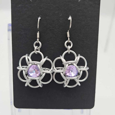 Silver and Light Purple Crystal Flower Earrings, Surgical Steel Ear Wires