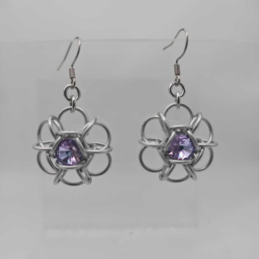 Silver and Light Purple Crystal Flower Earrings, Surgical Steel Ear Wires