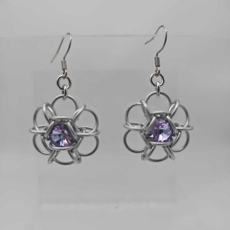 Silver and Light Purple Crystal Flower Earrings, Surgical Steel Ear Wires