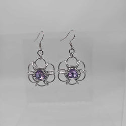 Silver and Light Purple Crystal Flower Earrings, Surgical Steel Ear Wires - view 2