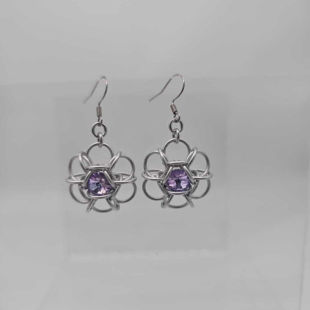 Silver and Light Purple Crystal Flower Earrings, Surgical Steel Ear Wires
