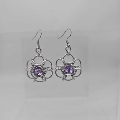 Silver and Light Purple Crystal Flower Earrings, Surgical Steel Ear Wires