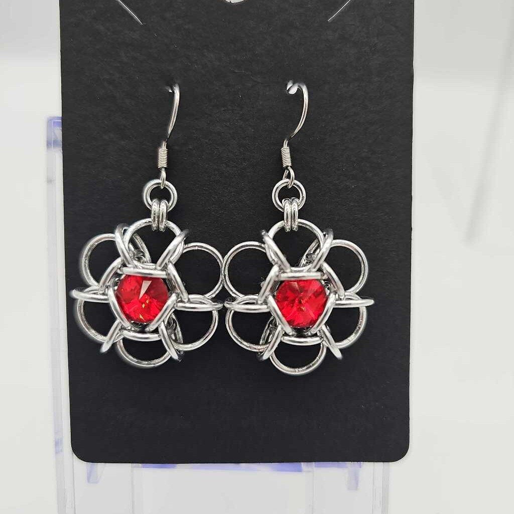 Silver and Siam Red Crystal Flower Earrings, Surgical Steel Ear Wires