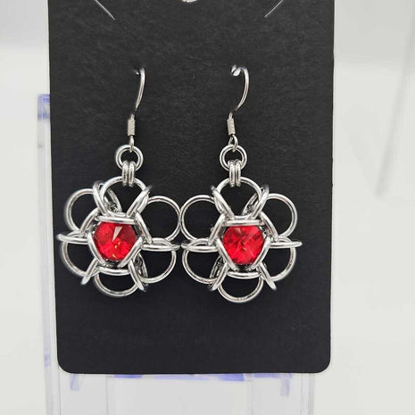 Silver and Siam Red Crystal Flower Earrings, Surgical Steel Ear Wires