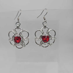 Silver and Siam Red Crystal Flower Earrings, Surgical Steel Ear Wires - view 1