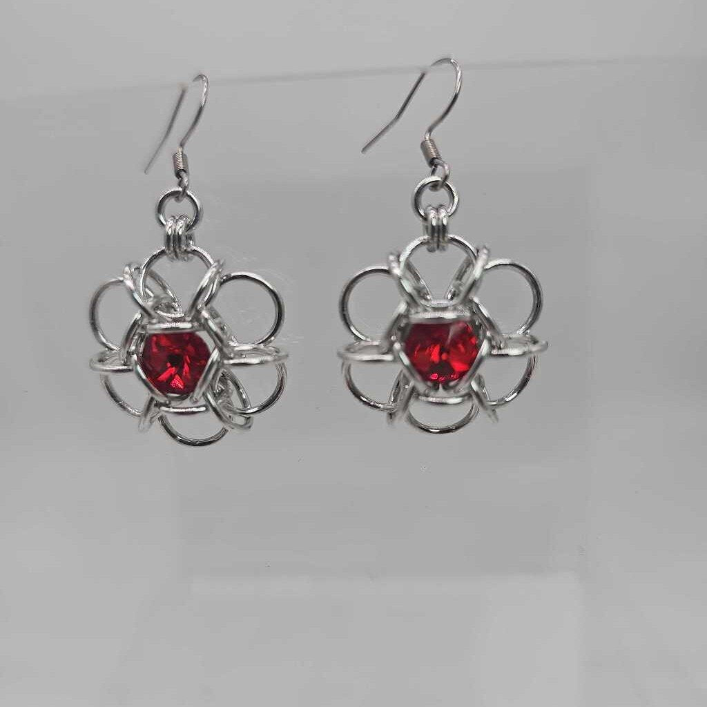 Silver and Siam Red Crystal Flower Earrings, Surgical Steel Ear Wires