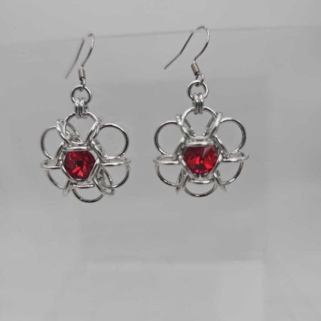 Silver and Siam Red Crystal Flower Earrings, Surgical Steel Ear Wires