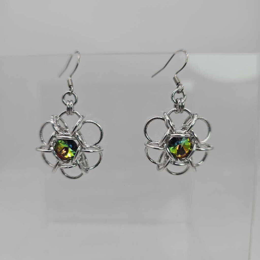 Silver and Vitrail Crystal Flower Earrings, Surgical Steel Ear Wires