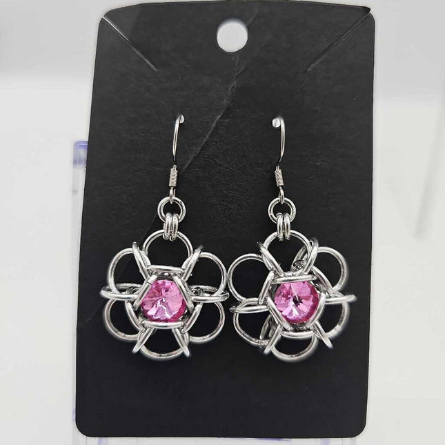 Silver and Rose Pink Crystal Flower Earrings, Surgical Steel Ear Wires