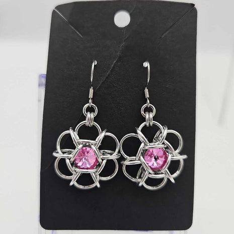 Silver and Rose Pink Crystal Flower Earrings, Surgical Steel Ear Wires
