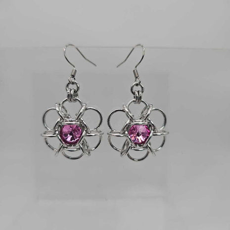 Silver and Rose Pink Crystal Flower Earrings, Surgical Steel Ear Wires