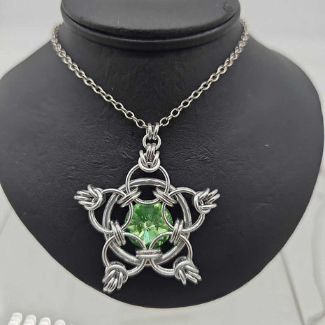 Silver Star 14mm Peridot Green Crystal, 20 inch chain
