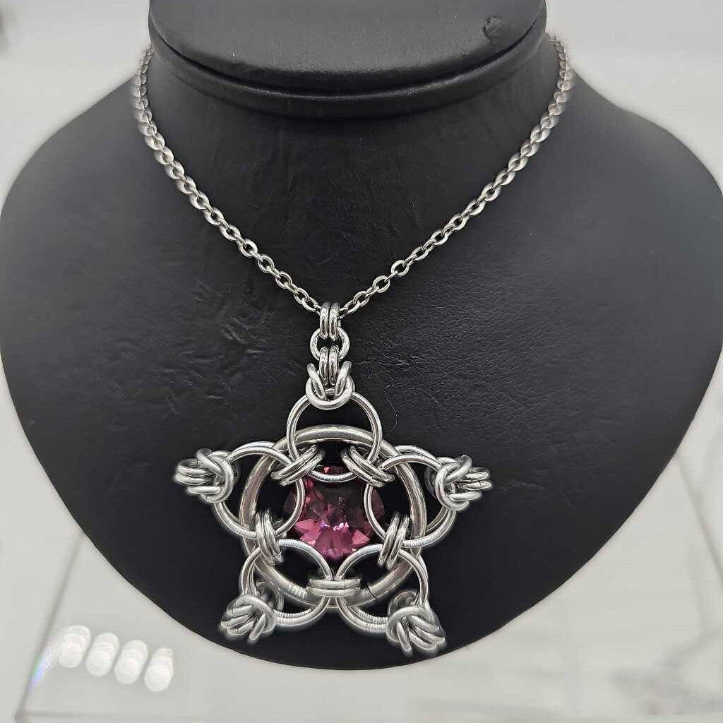 Silver Star 14mm Amethyst Purple Crystal, 20 inch chain