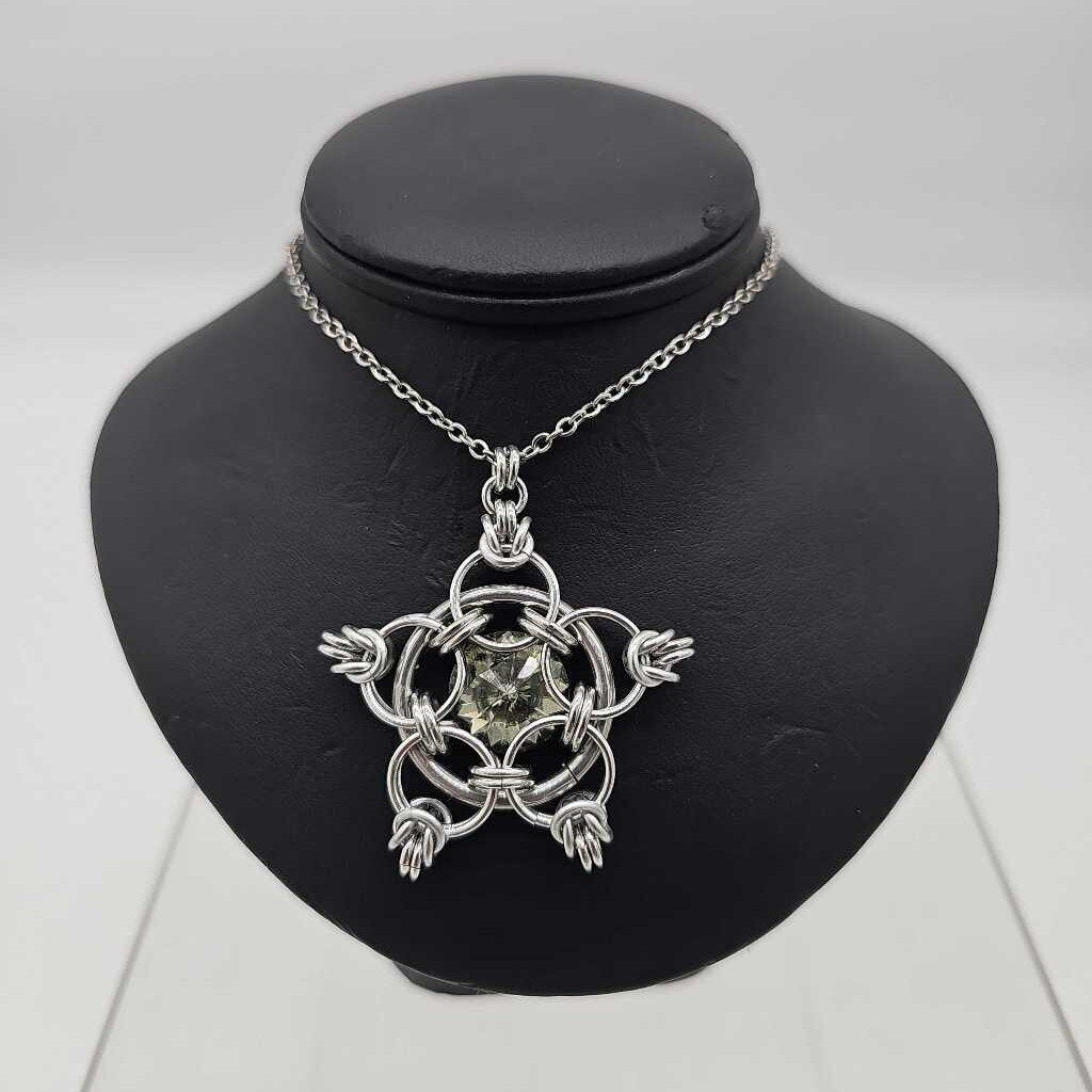 Silver Star 14mm Black Diamond Crystal, 20 inch chain