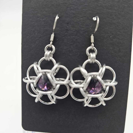 Silver Flower 8mm Amethyst Crystal Earrings, Surgical Steel Ear Wires
