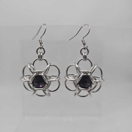 Silver Flower 8mm Amethyst Crystal Earrings, Surgical Steel Ear Wires