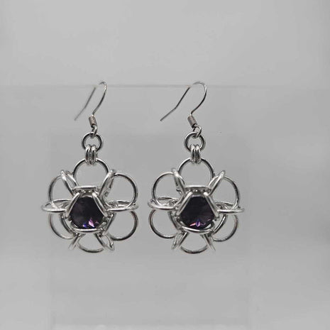 Silver Flower 8mm Amethyst Crystal Earrings, Surgical Steel Ear Wires