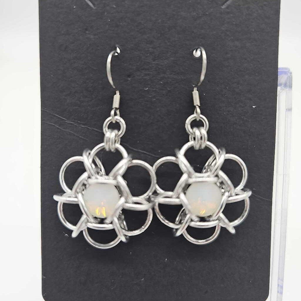 Silver Flower 8mm Opal Crystal Earrings, Surgical Steel Ear Wires