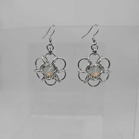 Silver Flower 8mm Opal Crystal Earrings, Surgical Steel Ear Wires