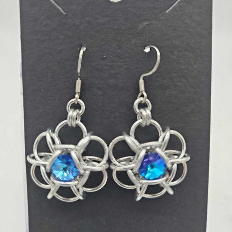 Silver Flower 8mm Color changing BlueCrystal Earrings, Surgical Steel Ear Wires
