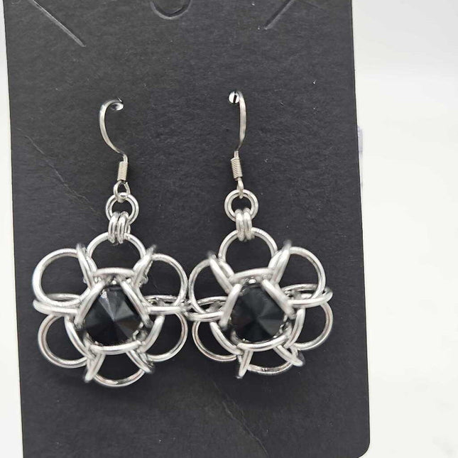 Silver Flower 8mm Jet Black Crystal Earrings, Surgical Steel Ear Wires