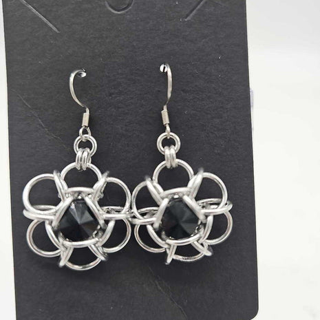 Silver Flower 8mm Jet Black Crystal Earrings, Surgical Steel Ear Wires