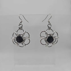 Silver Flower 8mm Jet Black Crystal Earrings, Surgical Steel Ear Wires - view 1