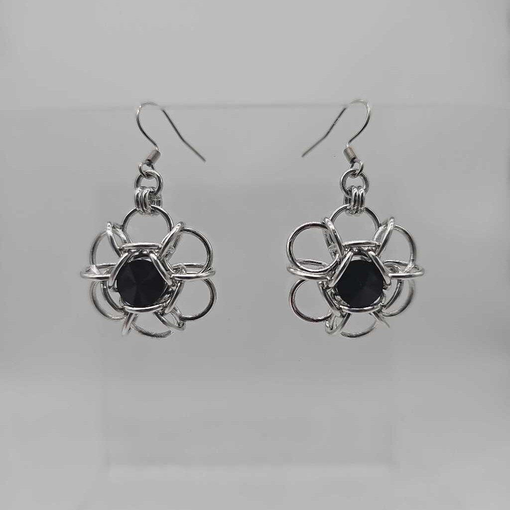 Silver Flower 8mm Jet Black Crystal Earrings, Surgical Steel Ear Wires