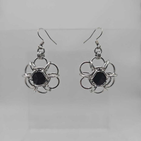 Silver Flower 8mm Jet Black Crystal Earrings, Surgical Steel Ear Wires