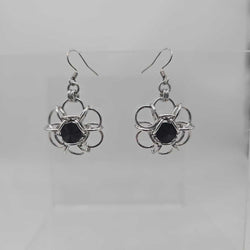 Silver Flower 8mm Jet Black Crystal Earrings, Surgical Steel Ear Wires - view 2