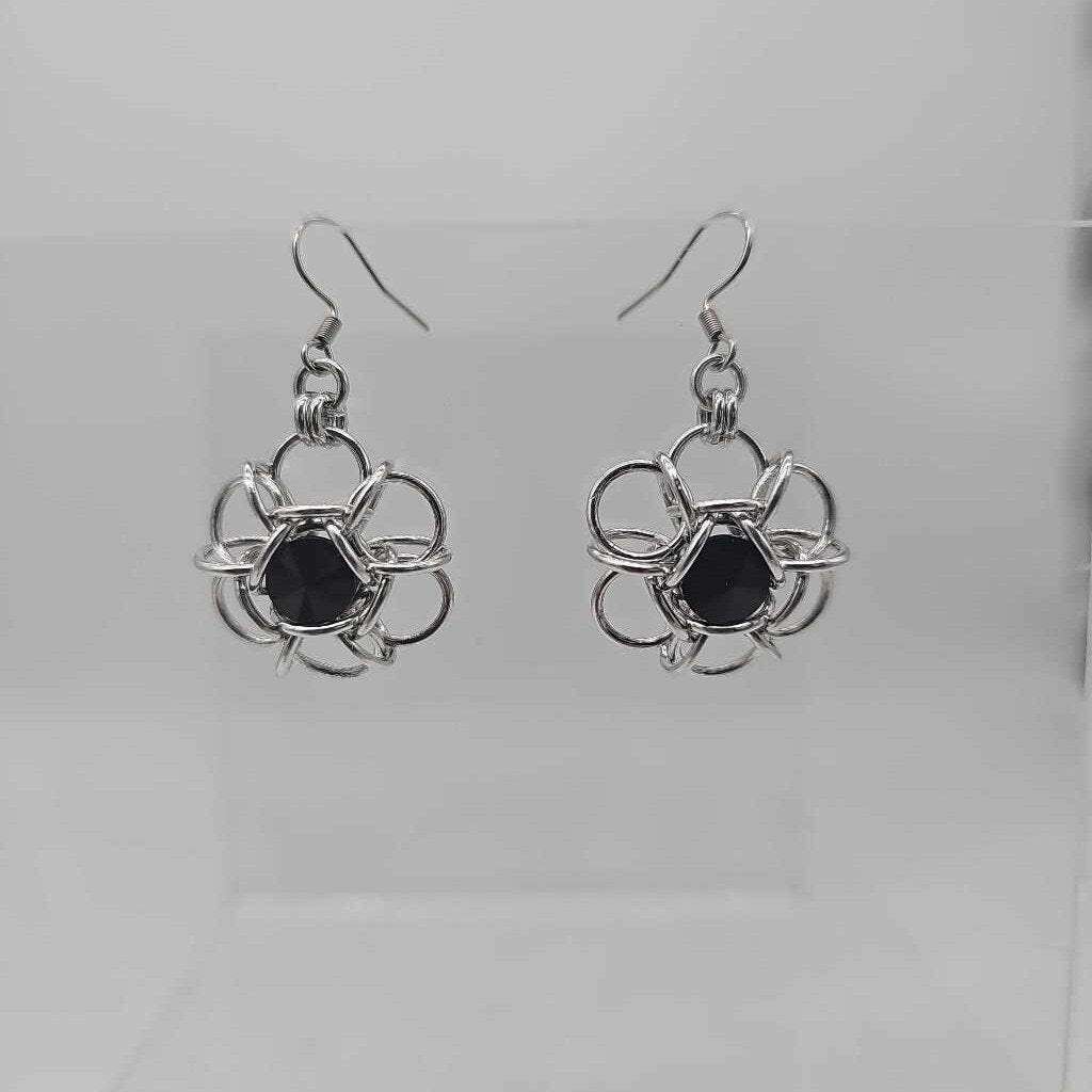 Silver Flower 8mm Jet Black Crystal Earrings, Surgical Steel Ear Wires