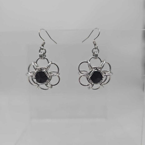 Silver Flower 8mm Jet Black Crystal Earrings, Surgical Steel Ear Wires