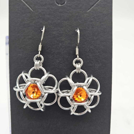 Silver Flower 8mm Hyacinth Orange Crystal Earrings, Surgical Steel Ear Wires