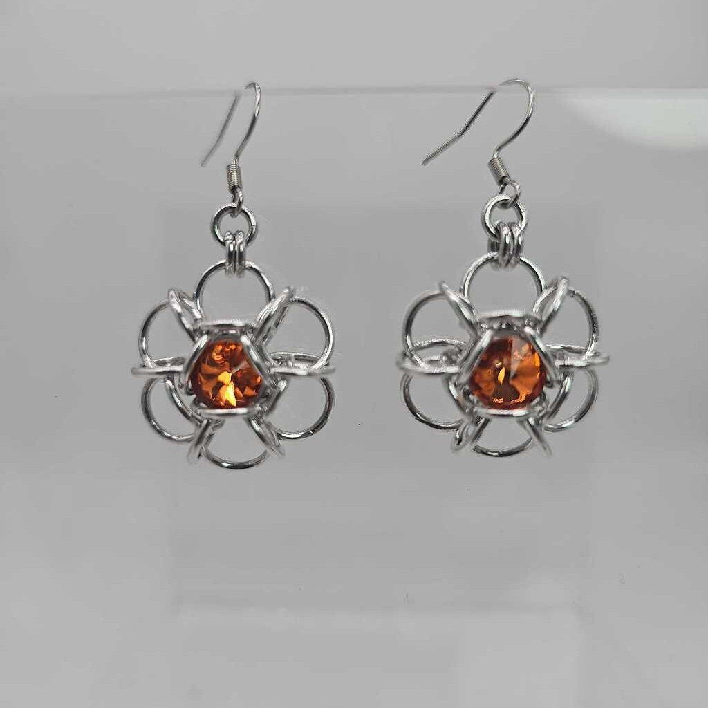 Silver Flower 8mm Hyacinth Orange Crystal Earrings, Surgical Steel Ear Wires