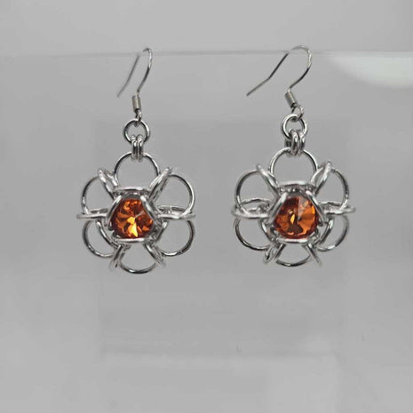 Silver Flower 8mm Hyacinth Orange Crystal Earrings, Surgical Steel Ear Wires