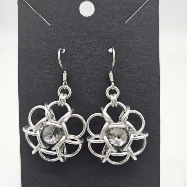 Silver Flower 8mm Black Diamond Crystal Earrings, Surgical Steel Ear Wires