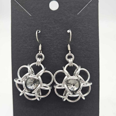Silver Flower 8mm Black Diamond Crystal Earrings, Surgical Steel Ear Wires