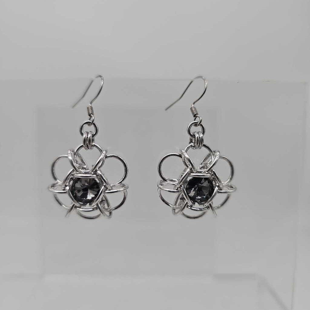Silver Flower 8mm Black Diamond Crystal Earrings, Surgical Steel Ear Wires