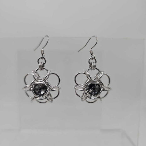 Silver Flower 8mm Black Diamond Crystal Earrings, Surgical Steel Ear Wires