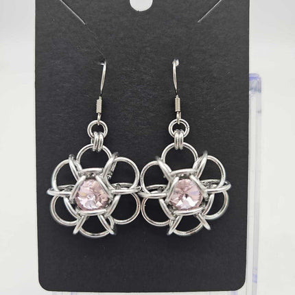 Silver Flower 8mm Light Pink Crystal Earrings, Surgical Steel Ear Wires